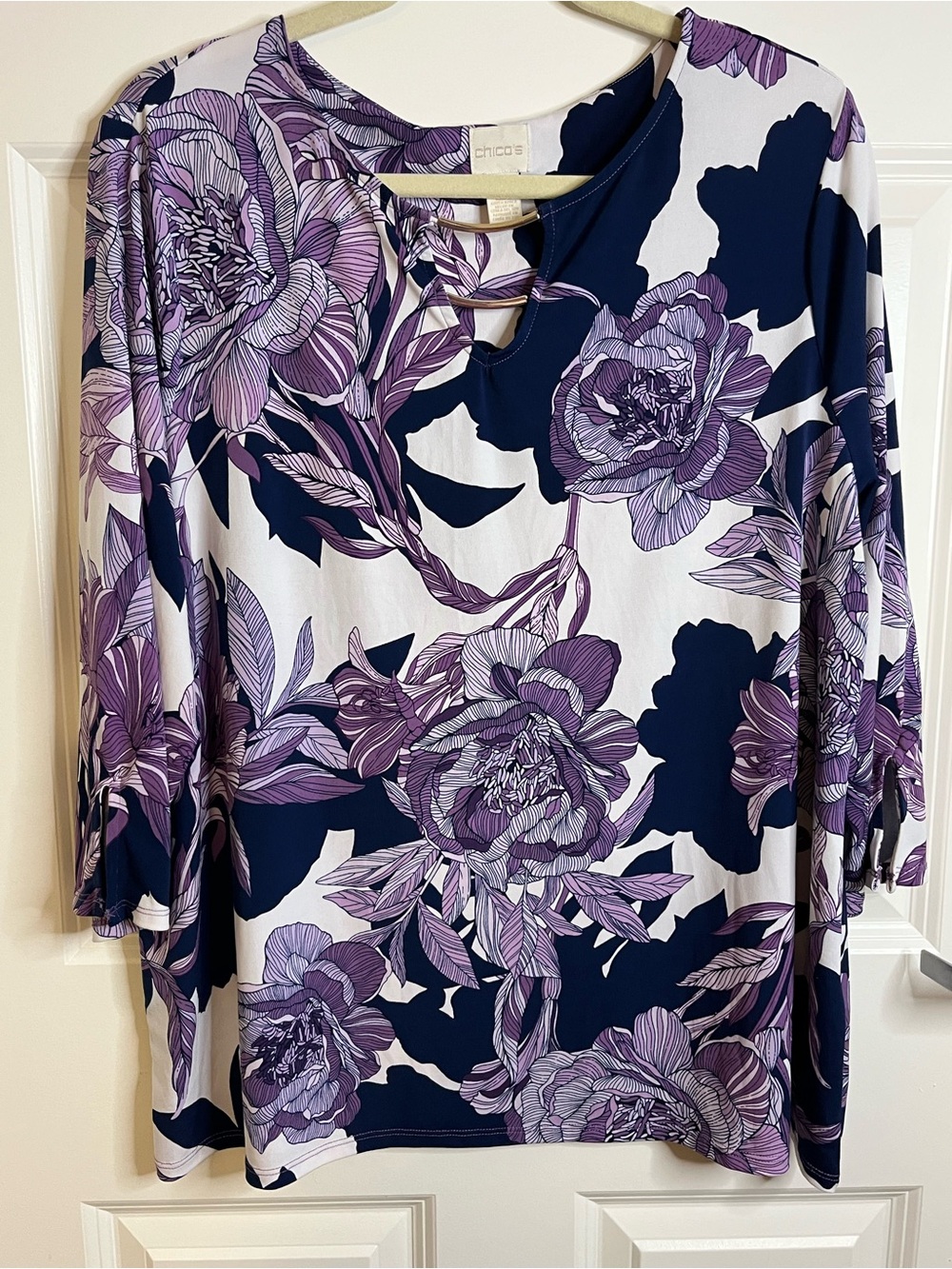 Chico’s 3 (L) Women's Floral Long-Sleeve Top in Purple and Navy